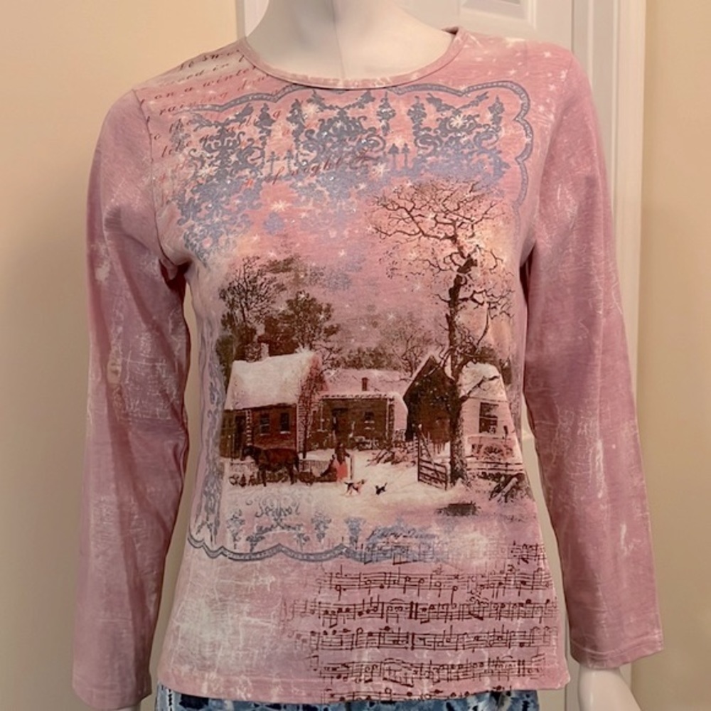 Winter Scene Printed Top by Jason Maxwell Size M Long Sleeve Pink